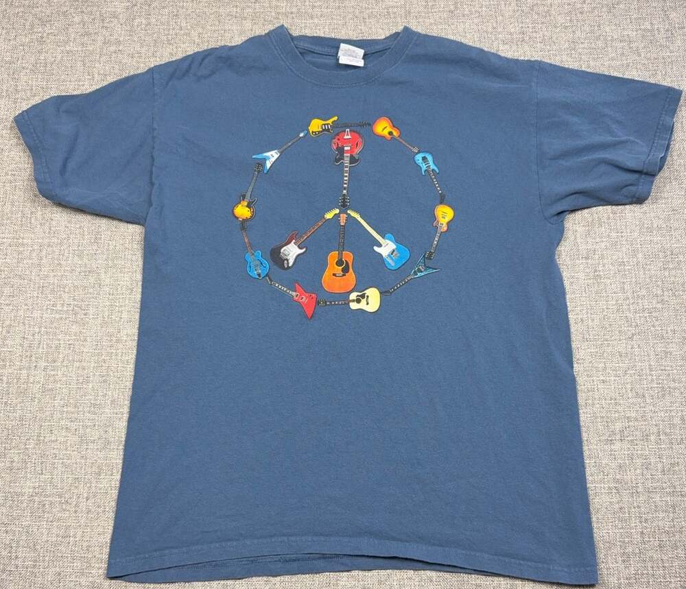 Guitar Peace Sign T Shirt Mens Large Blue Music Graphic Gildan Cotton Tee